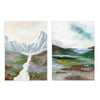 Conjunto de dos cuadros con montañas escarpadas, valle con río, llanura brumosa, tonos verde musgo, azul grisáceo, beige y marrón, estilo naturaleza y paisajes. Disponible en kudeko.com