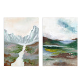 Conjunto de dos cuadros con montañas escarpadas, valle con río, llanura brumosa, tonos verde musgo, azul grisáceo, beige y marrón, estilo naturaleza y paisajes. Disponible en kudeko.com