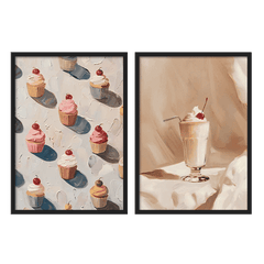 Conjunto de dos cuadros con cupcakes variados y batido cremoso con cereza, en tonos crema, rosa, beige y rojo, de estilo vintage. Disponible en kudeko.com