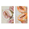 Set aus zwei Wandbildern mit rosafarbener Feige und aufgeschnittenen orangefarbenen Papayas, dunklen Kernen, hellbeigen texturierten Hintergründen und botanischem Illustrationsstil. Erhältlich auf kudeko.com