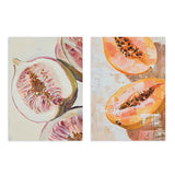 Set aus zwei Wandbildern mit rosafarbener Feige und aufgeschnittenen orangefarbenen Papayas, dunklen Kernen, hellbeigen texturierten Hintergründen und botanischem Illustrationsstil. Erhältlich auf kudeko.com