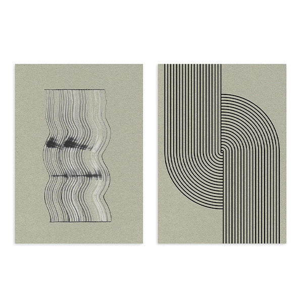 Ensemble de deux tableaux avec motifs abstraits de lignes noires ondulées et courbes sur fond beige texturé, dans un style abstrait aux tons neutres et modernes. Disponible sur kudeko.com