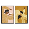 Conjunto de dos cuadros ilustrados con mujeres en tonos mostaza y beige, kudeko.com\n