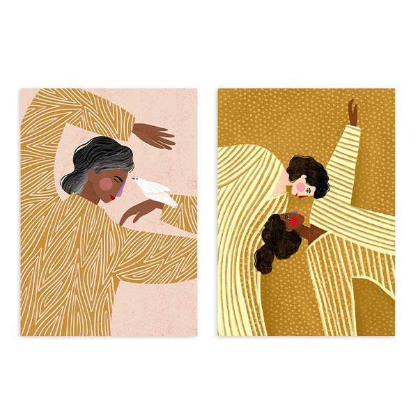Conjunto de dos cuadros ilustrados con mujeres en tonos mostaza y beige, kudeko.com
