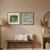 Tableau carré avec grandes marguerites blanches sur fond vert olive et gris clair, cœurs foncés et composition florale douce de style naturel. Disponible sur kudeko.com