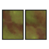 Ensemble de deux tableaux avec composition abstraite de formes organiques diffuses en vert olive, vert mousse et brun terre, avec texture douce et style abstrait apaisant. Disponible sur kudeko.com