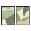Ensemble de deux tableaux avec formes géométriques organiques superposées en vert sauge, vert mousse, beige et gris pierre, dans un style géométrique équilibré et doux. Disponible sur kudeko.com
