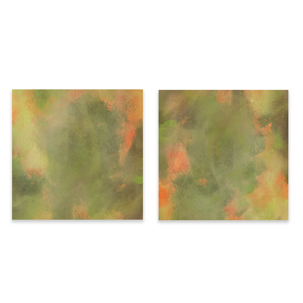 Conjunto de dos cuadros con composición abstracta de formas orgánicas difuminadas en verde oliva, beige cálido y toques naranja suave, de estilo abstracto. Disponible en kudeko.com