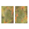 Ensemble de deux tableaux avec composition abstraite de formes organiques en vert olive, beige chaud et corail orangé, dans un style contemporain et équilibré pour la décoration murale. Disponible sur kudeko.com