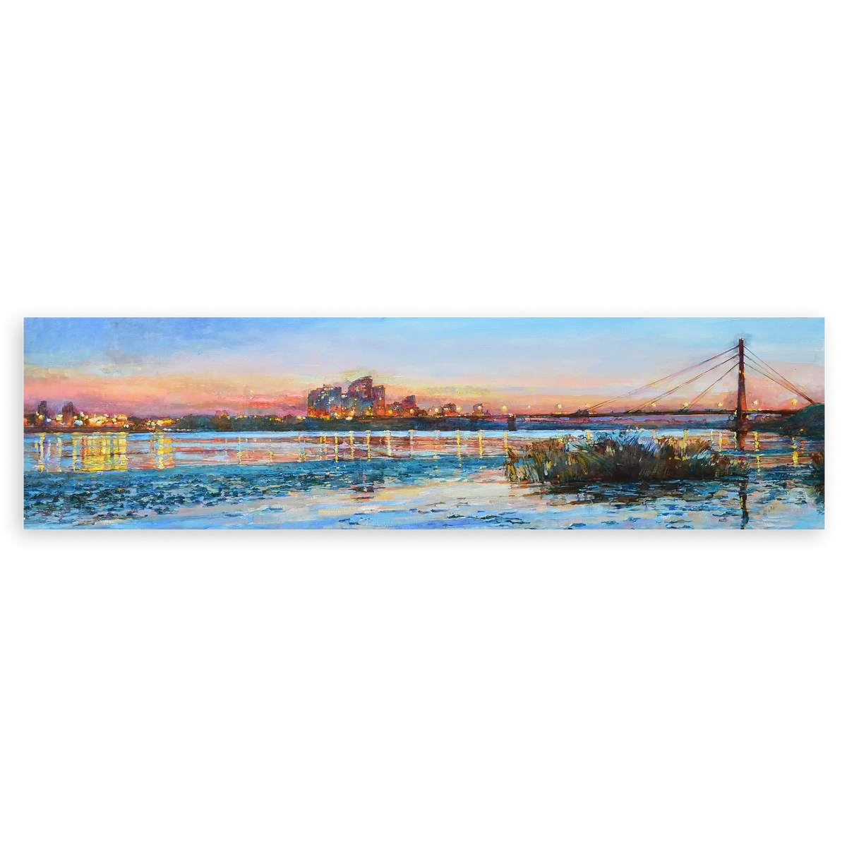 Cuadro horizontal fotográfico que capta la belleza de un puente iluminado al atardecer. Disponible en kudeko.com