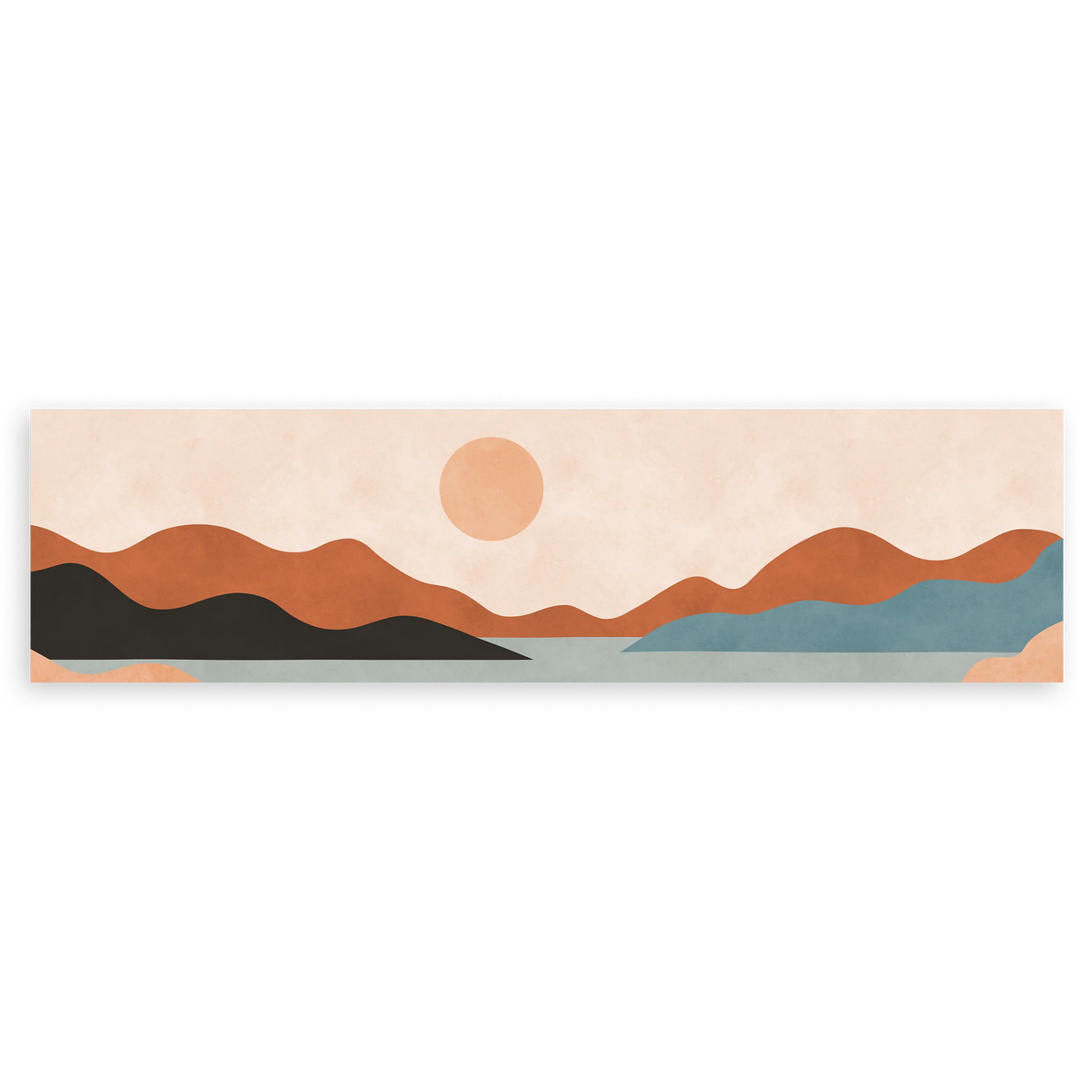 Cuadro horizontal minimalista que presenta un paisaje sereno con montañas y un sol cálido. Disponible en kudeko.com