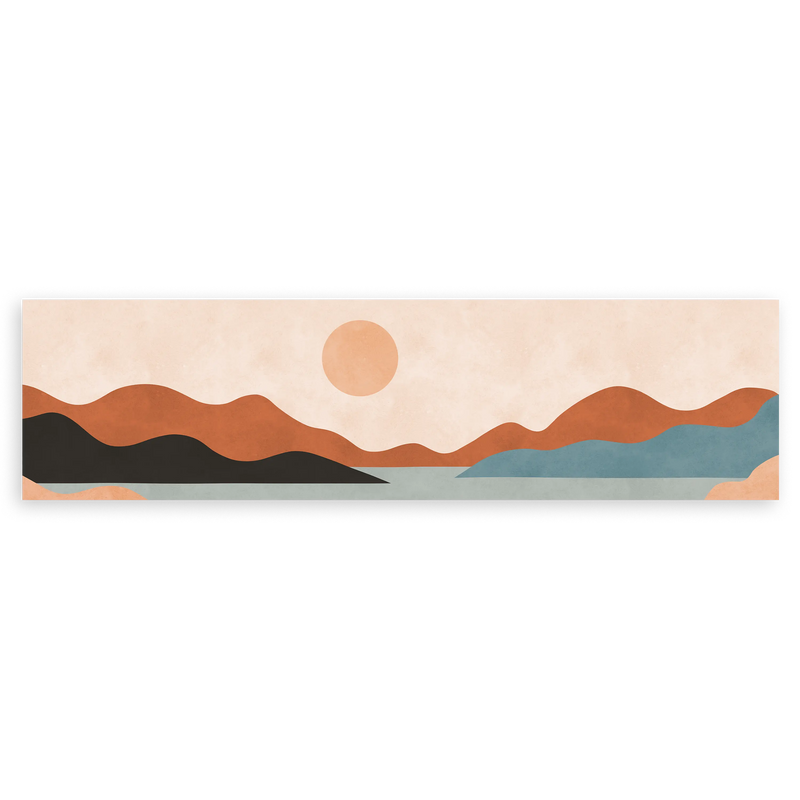 Cuadro horizontal minimalista que presenta un paisaje sereno con montañas y un sol cálido. Disponible en kudeko.com