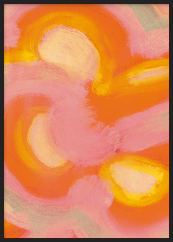 Abstraktes Wandbild in warmen Farbtönen mit Formen in Rosa, Orange und Gelb, in schwarzem Rahmen. Erhältlich auf kudeko.com