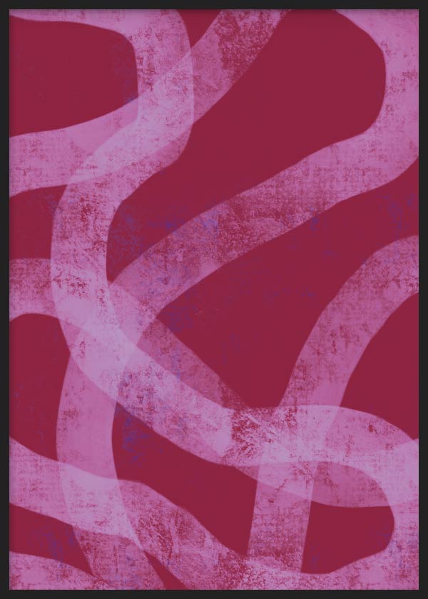 Abstraktes Wandbild in Rosa und Fuchsia mit geschwungenen Formen, in schwarzem Rahmen, kudeko.com. Erhältlich auf kudeko.com