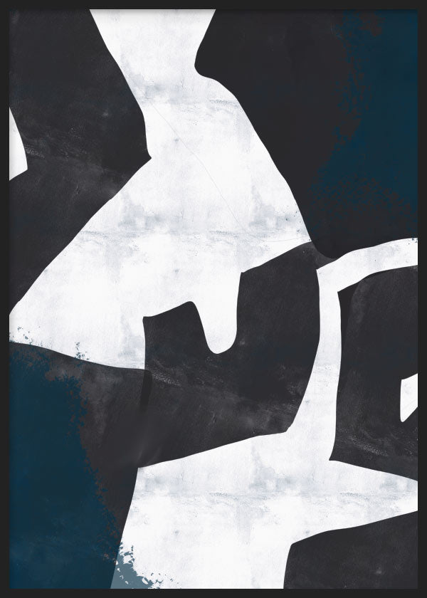 Cuadro abstracto en blanco y negro con formas irregulares, en marco negro, kudeko.com
