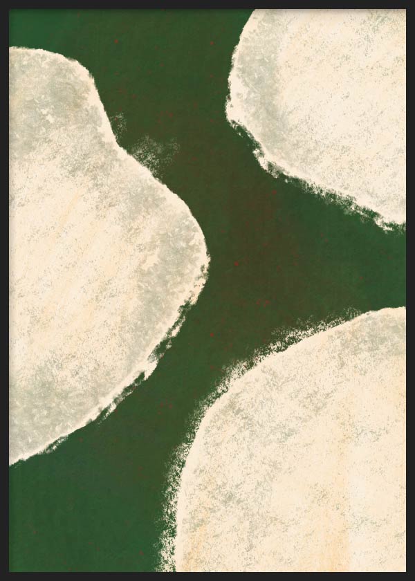 Quadro abstrato com formas creme sobre fundo verde escuro, em moldura preta, estilo decorativo sóbrio e contemporâneo. Disponível em kudeko.com