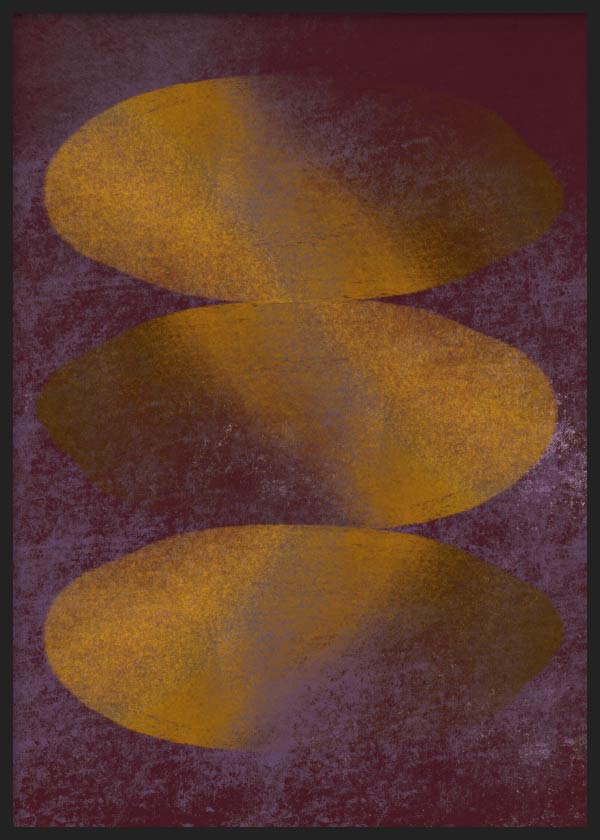 Cuadro abstracto con formas ovaladas doradas sobre fondo granate, en marco negro, kudeko.com
