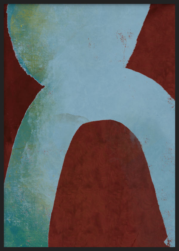 Quadro abstrato com formas curvas azuladas sobre fundo vermelho terroso, em moldura preta. Disponível em kudeko.com