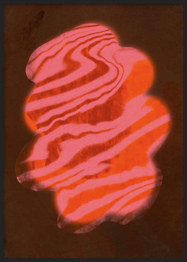 Cuadro abstracto con forma ondulada en tonos rojos y rosas sobre fondo oscuro, kudeko.com

