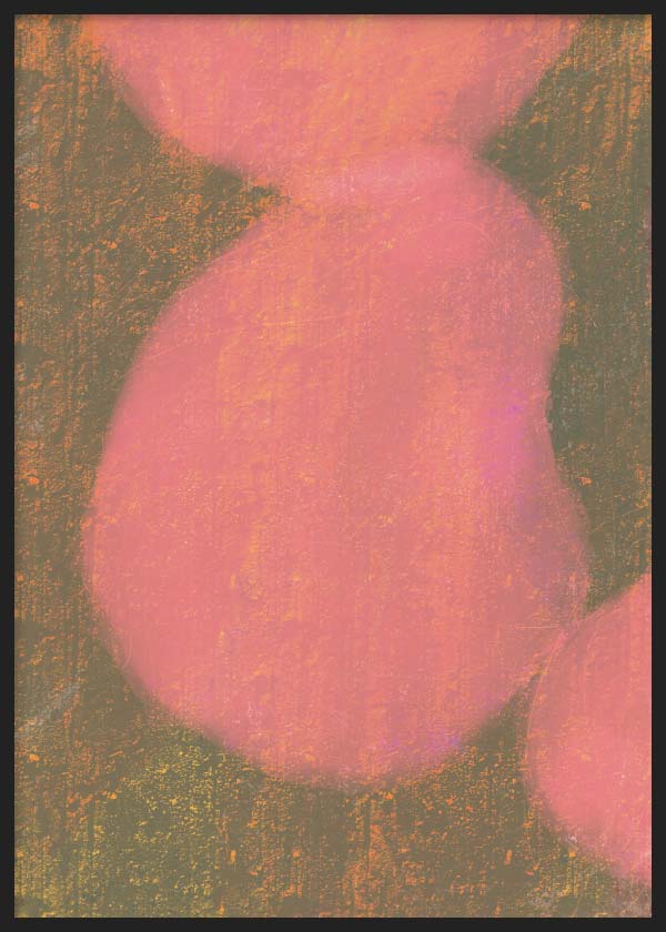Cuadro abstracto con formas rosadas difusas sobre fondo oscuro texturizado, en marco negro, kudeko.com
