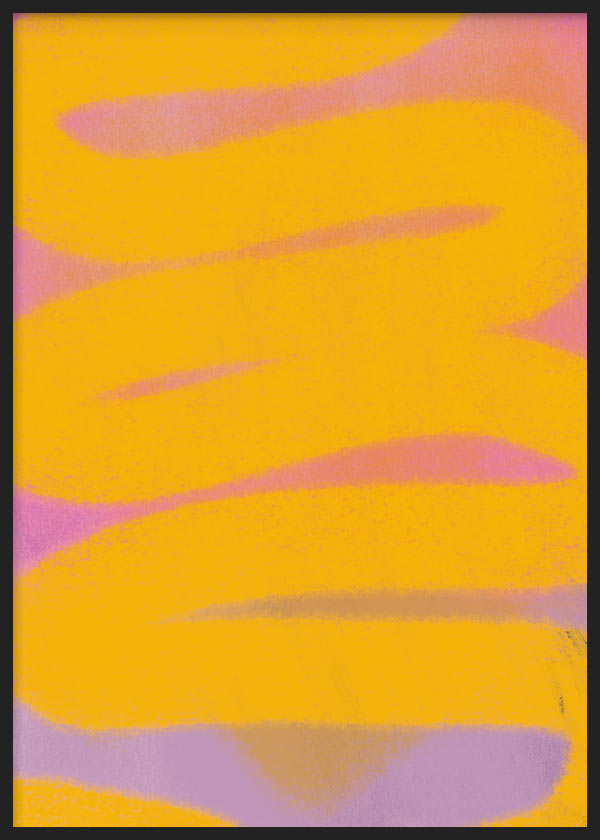 Cuadro abstracto en amarillo y lila con trazos curvos, en marco negro, kudeko.com
