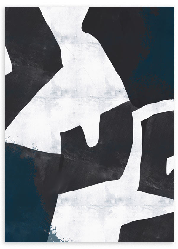 Cuadro abstracto en blanco y negro con formas irregulares, en marco negro, kudeko.com
