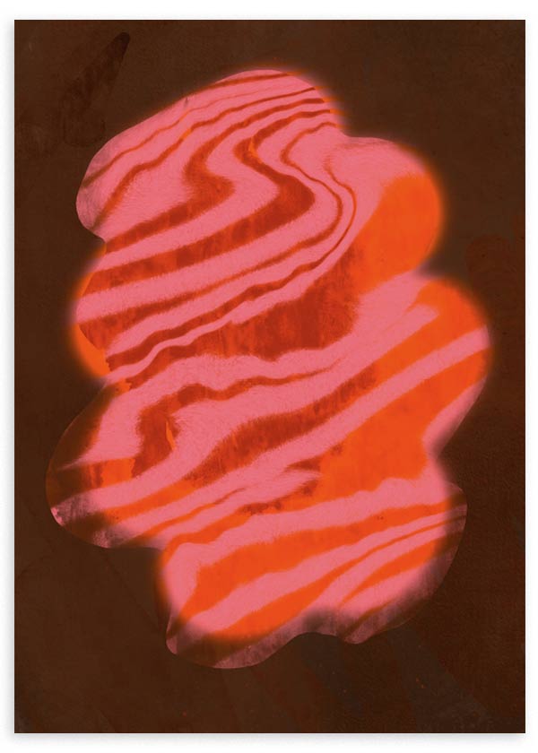 Cuadro abstracto con forma ondulada en tonos rojos y rosas sobre fondo oscuro, kudeko.com
