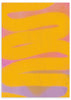 Cuadro abstracto en amarillo y lila con trazos curvos, en marco negro, kudeko.com
