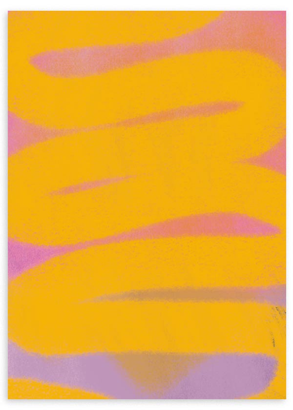 Cuadro abstracto en amarillo y lila con trazos curvos, en marco negro, kudeko.com
