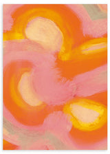 Cuadro abstracto en tonos cálidos con pinceladas en rosa, naranja y amarillo, en marco negro, kudeko.com
