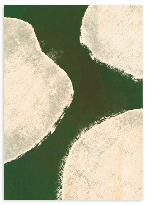 Cuadro abstracto con formas crema sobre fondo verde oscuro, en marco negro, kudeko.com
