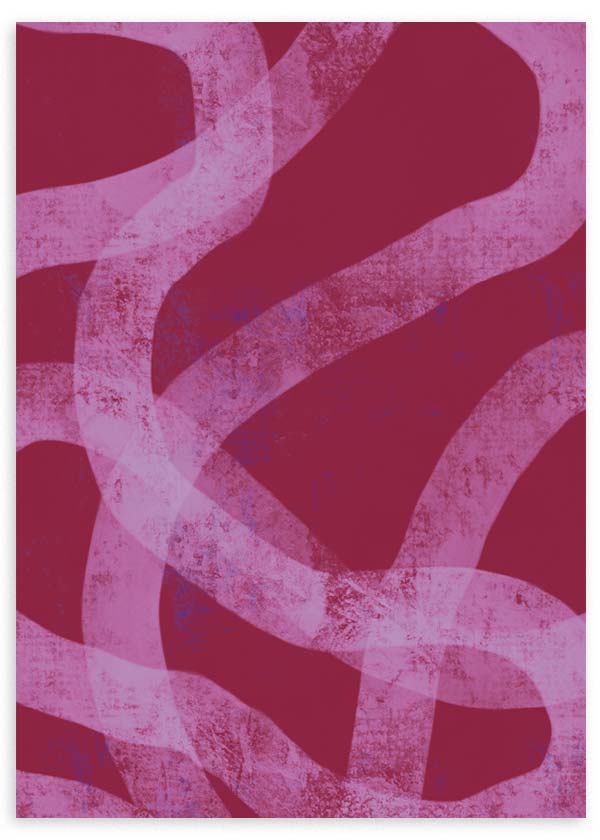 Quadro abstrato rosa e fúcsia com formas curvas, moldura preta e estilo decorativo moderno para sala ou quarto. Disponível em kudeko.com