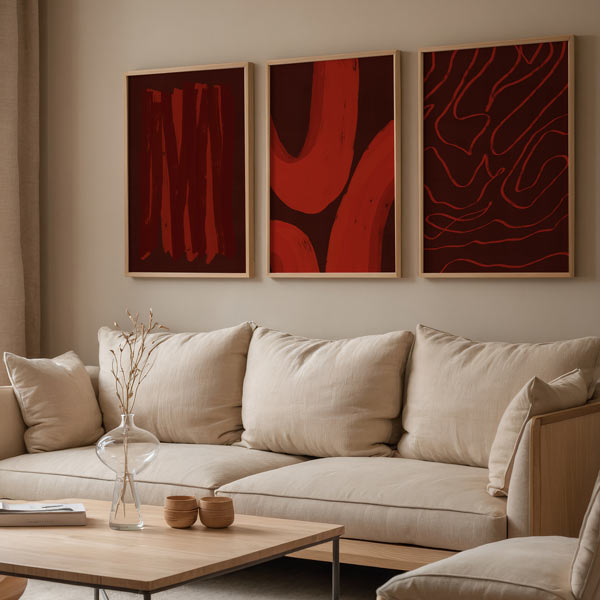 Cuadro abstracto burdeos y rojo con franjas verticales irregulares, kudeko.com
