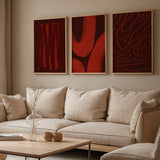 Cuadro abstracto burdeos con líneas orgánicas rojas, kudeko.com
