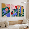 Cuadro ilustrado colorido con dos mujeres vestidas a rayas en paisaje con sol rojo, obra de Bea Muller, kudeko.com
