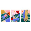 Conjunto de tres cuadros ilustrados coloridos con figuras femeninas y paisajes modernos, kudeko.com
