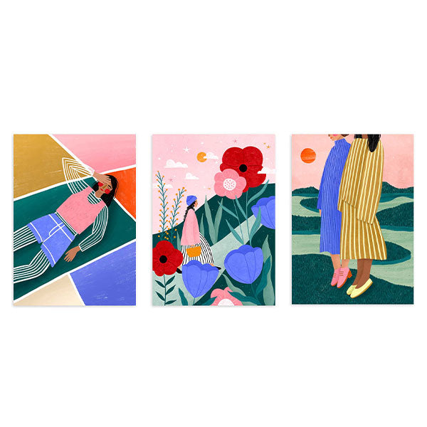 Conjunto de tres cuadros ilustrados coloridos con figuras femeninas y paisajes modernos, kudeko.com
