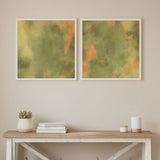 Tableau carré avec composition abstraite de formes organiques en vert olive, sauge, beige et terracotta, au style abstrait doux et équilibré. Disponible sur kudeko.com