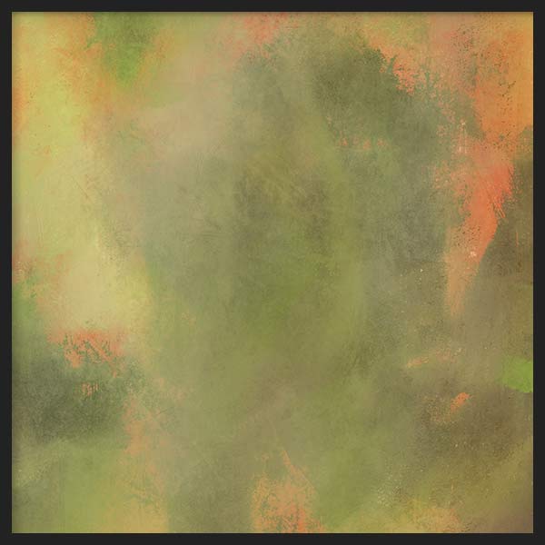 Cuadro cuadrado con composición abstracta de manchas orgánicas en verde oliva, beige, mostaza y coral apagado, de estilo abstracto. Disponible en kudeko.com