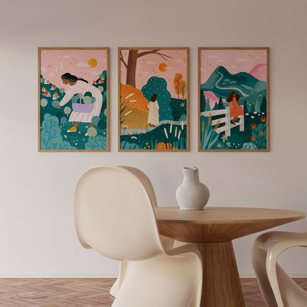 Cuadro ilustrado colorido mujer en valla contemplando montañas verdes y cielo rosado de Bea Muller, kudeko.com
