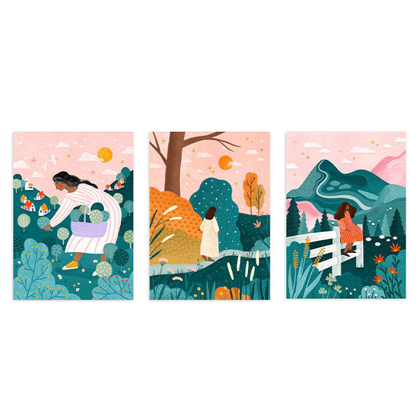 Conjunto de três quadros com mulheres entre colinas, árvores, flores, montanhas e céu rosa, em tons de turquesa, verde petróleo, mostarda e laranja, em estilo de ilustração. Disponível em kudeko.com