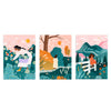 Conjunto de tres cuadros ilustrados con mujeres y paisajes naturales coloridos, kudeko.com
