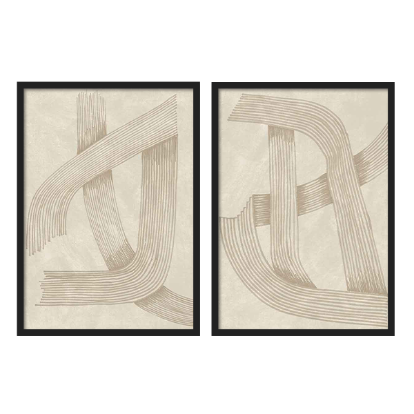 Conjunto de dos cuadros abstractos con líneas beige entrelazadas. kudeko.com
