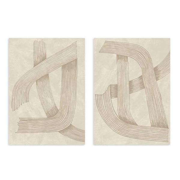 Ensemble de deux tableaux avec lignes courbes entrelacées, tons beige, sable et gris chaud, fond clair et style abstrait géométrique pour une décoration murale apaisée. Disponible sur kudeko.com