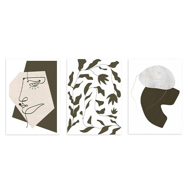Set aus drei Wandbildern mit abstraktem linearem Gesicht, organischen botanischen Formen und geschwungener Komposition in Beige, Weiß und Dunkelbraun, im zeitgenössischen abstrakten Stil. Erhältlich auf kudeko.com