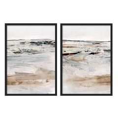 Conjunto de dois quadros com paisagem abstrata, horizontes difusos, branco pérola, bege, cinzento e castanho, textura suave e estilo contemporâneo depurado. Disponível em kudeko.com
