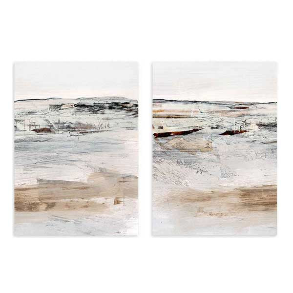 Ensemble de deux tableaux avec paysage abstrait, horizons diffus, blanc cassé, beige, gris et brun, texture douce et style contemporain épuré. Disponible sur kudeko.com