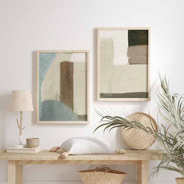 Conjunto de dos cuadros abstractos con bloques de color en tonos neutros kudeko.com