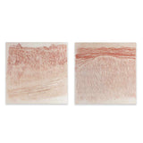Conjunto de dos cuadros con formas abstractas orgánicas, texturas visuales en terracota, beige y arena, composición serena de estilo abstracto. Disponible en kudeko.com