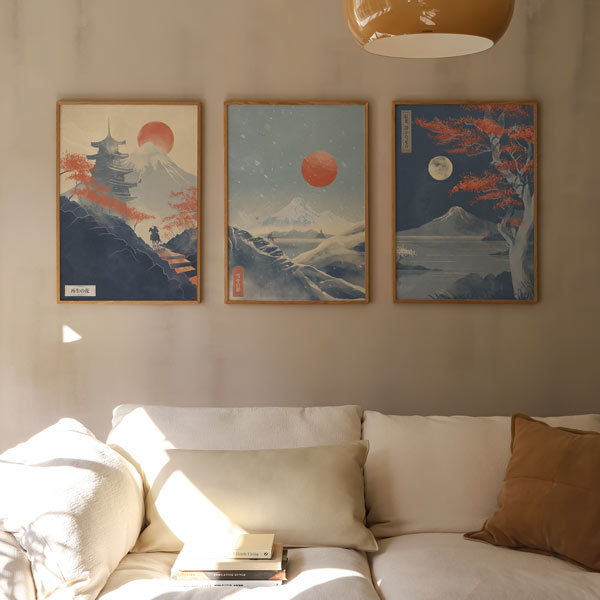 Conjunto de tres cuadros paisajes japoneses estilo Japandi, kudeko.com
